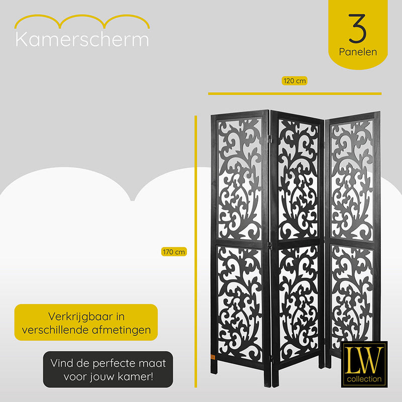 LW Collection Kamerscherm 3 panelen zwart 170X120CM - paravent - scheidingswand