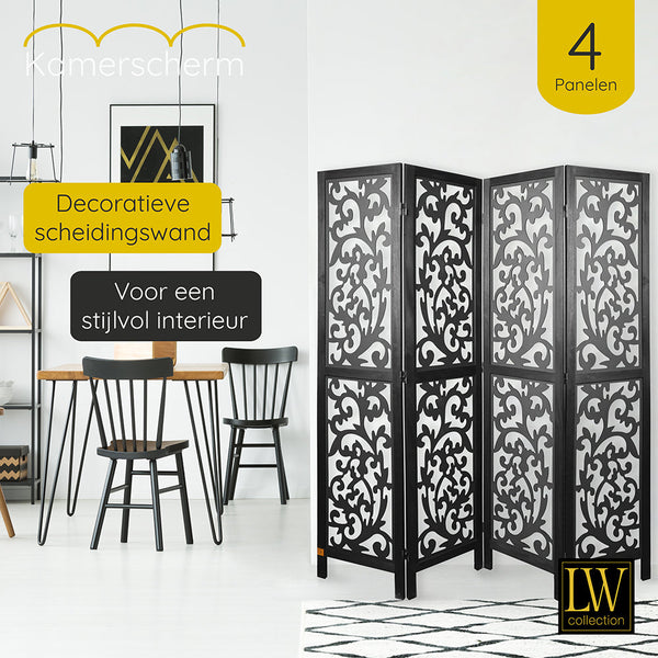 LW Collection Kamerscherm 4 panelen zwart 170X160CM - paravent - scheidingswand