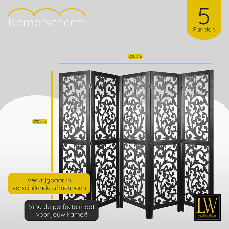 LW Collection Kamerscherm 5 panelen zwart 170X200CM - paravent - scheidingswand