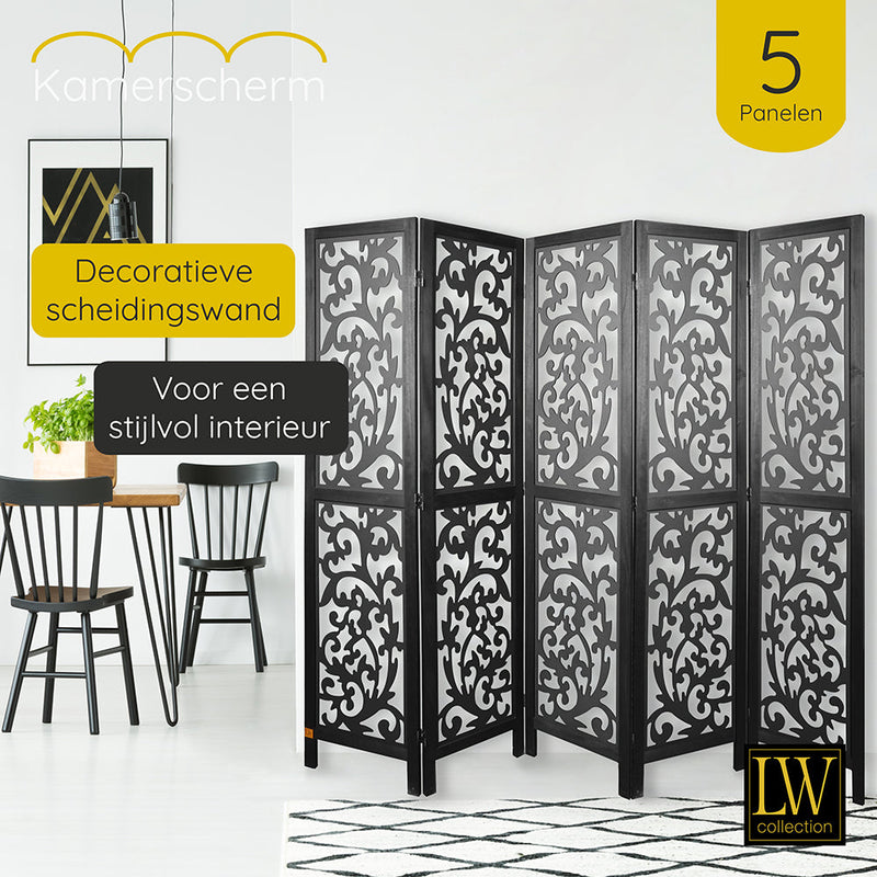 LW Collection Kamerscherm 5 panelen zwart 170X200CM - paravent - scheidingswand