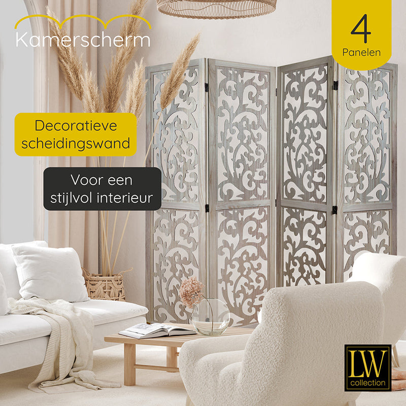 LW Collection Kamerscherm 4 panelen bruin 170X160CM - paravent - scheidingswand