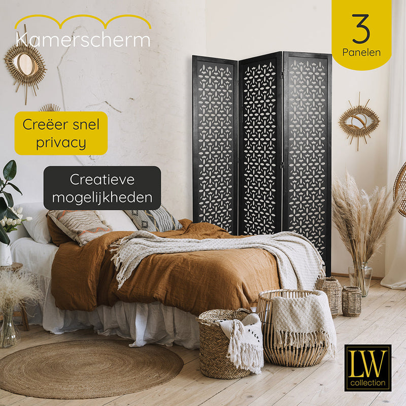 LW Collection Kamerscherm 3 panelen zwart 170X120CM - paravent - scheidingswand