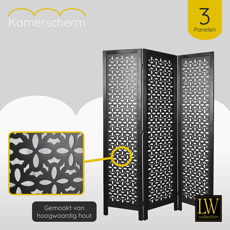 LW Collection Kamerscherm 3 panelen zwart 170X120CM - paravent - scheidingswand