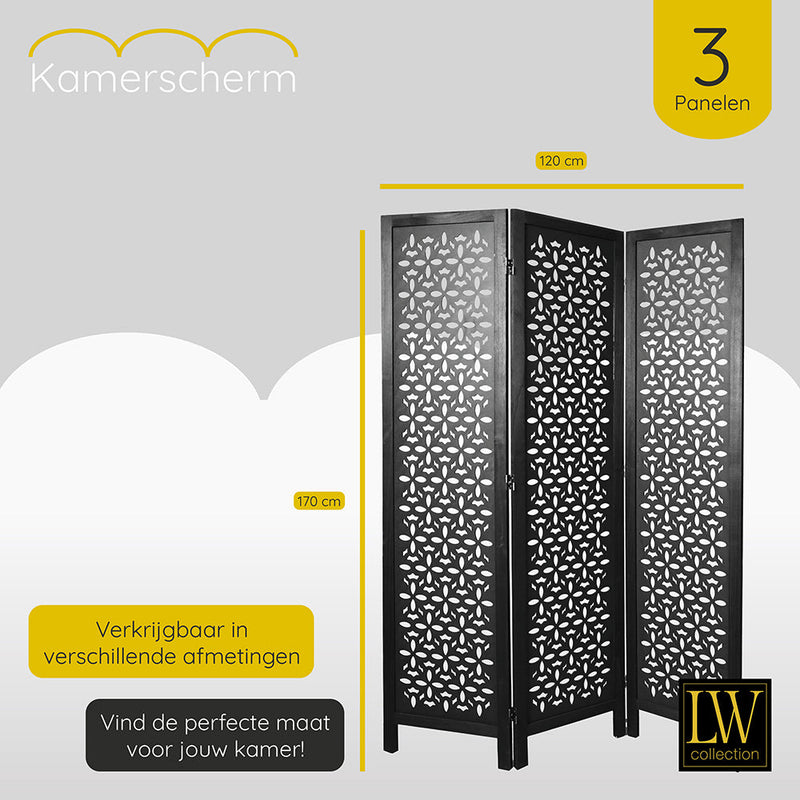 LW Collection Kamerscherm 3 panelen zwart 170X120CM - paravent - scheidingswand