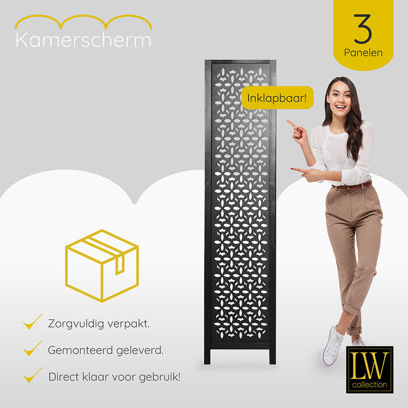 LW Collection Kamerscherm 3 panelen zwart 170X120CM - paravent - scheidingswand