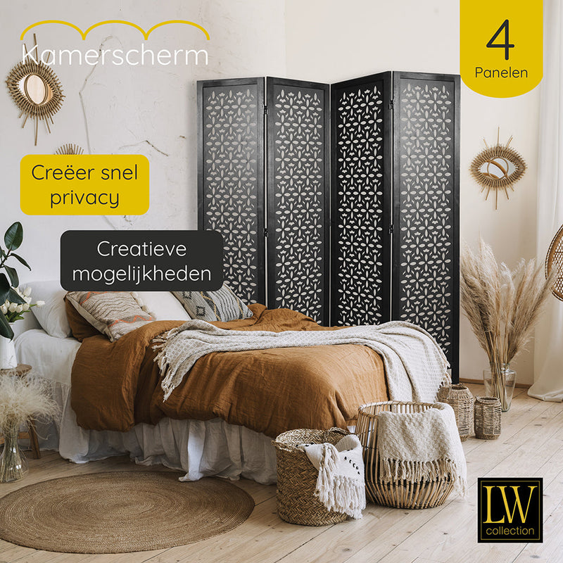 LW Collection Kamerscherm 4 panelen zwart 170X160CM - paravent - scheidingswand