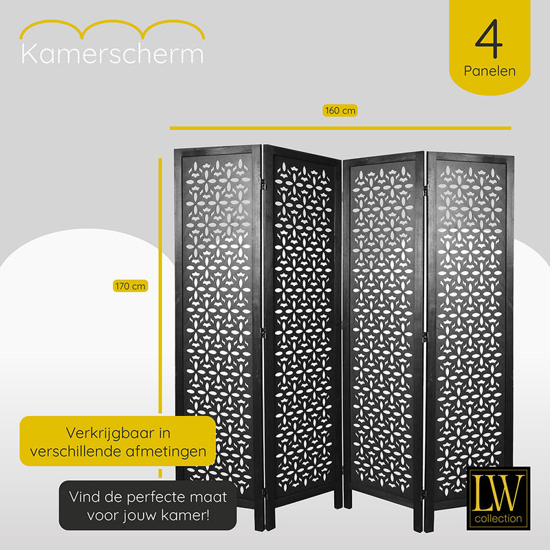 LW Collection Kamerscherm 4 panelen zwart 170X160CM - paravent - scheidingswand