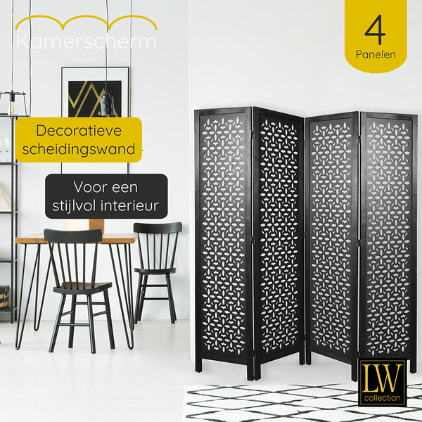 LW Collection Kamerscherm 4 panelen zwart 170X160CM - paravent - scheidingswand