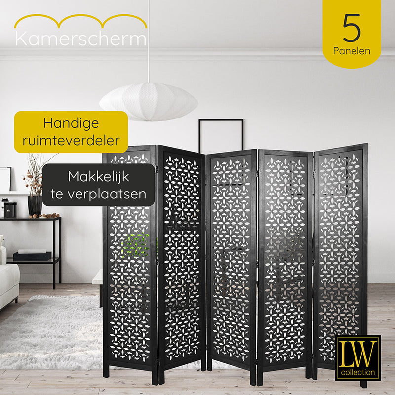 LW Collection Kamerscherm 5 panelen zwart 170X200CM - paravent - scheidingswand