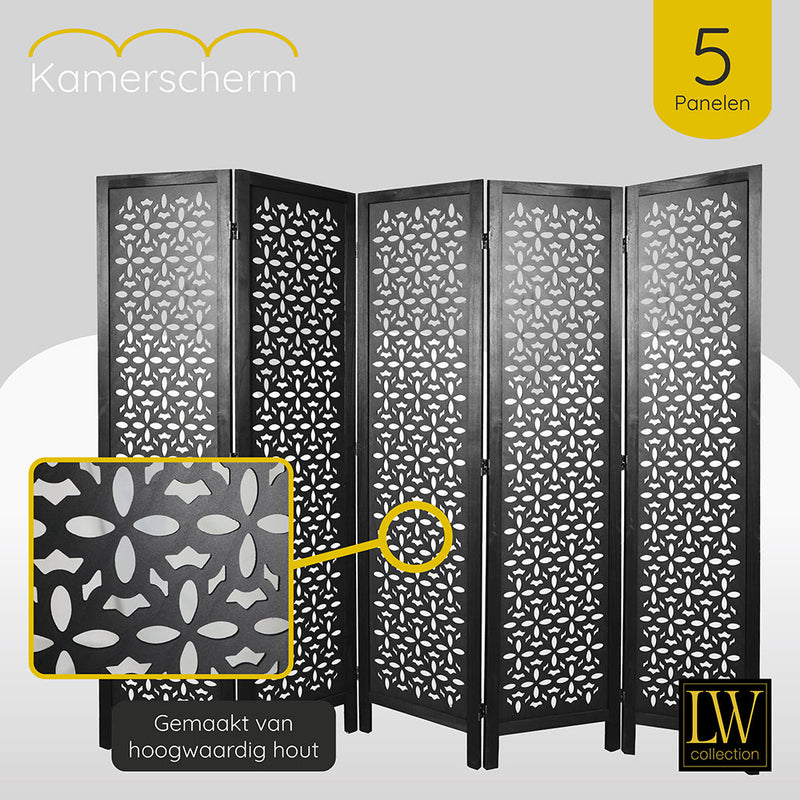 LW Collection Kamerscherm 5 panelen zwart 170X200CM - paravent - scheidingswand