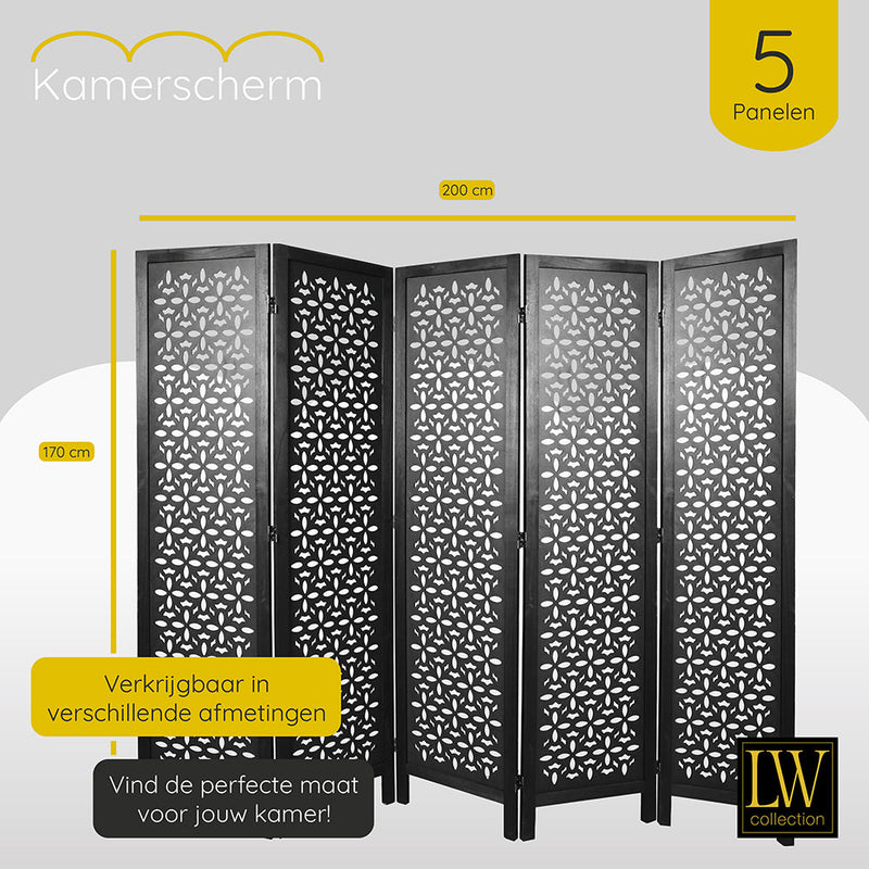 LW Collection Kamerscherm 5 panelen zwart 170X200CM - paravent - scheidingswand