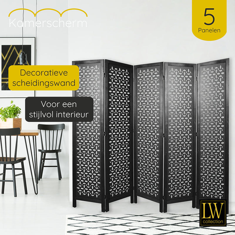 LW Collection Kamerscherm 5 panelen zwart 170X200CM - paravent - scheidingswand