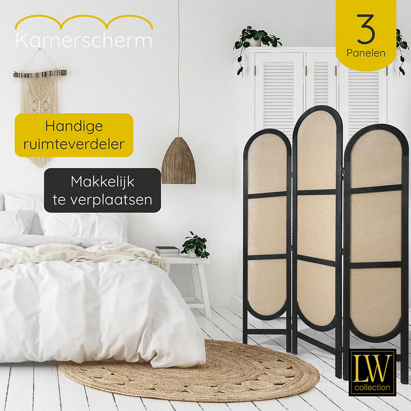 LW Collection Kamerscherm 3 panelen zwart 170X120CM - paravent rond - scheidingswand