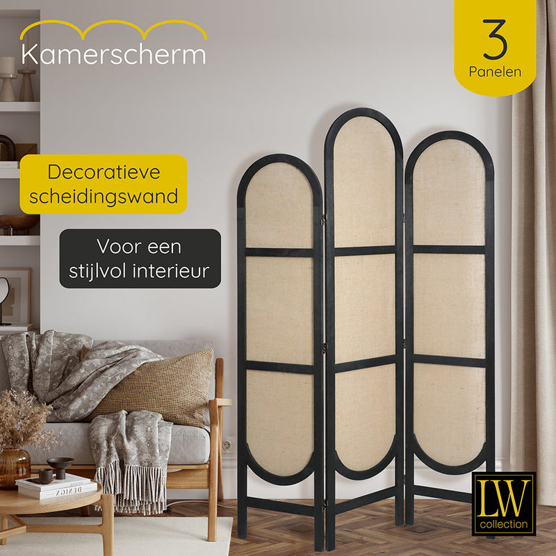 LW Collection Kamerscherm 3 panelen zwart 170X120CM - paravent rond - scheidingswand