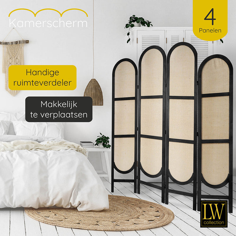 LW Collection Kamerscherm 4 panelen zwart 170X160CM - paravent rond - scheidingswand