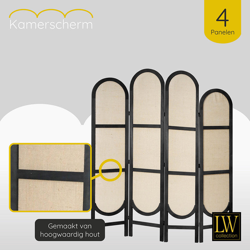 LW Collection Kamerscherm 4 panelen zwart 170X160CM - paravent rond - scheidingswand