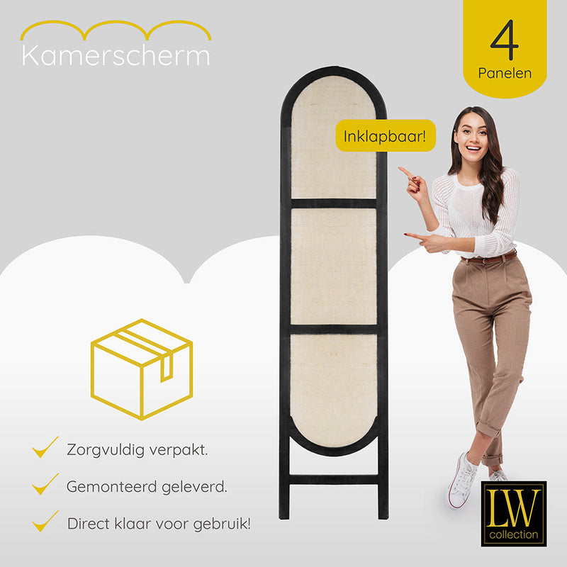 LW Collection Kamerscherm 4 panelen zwart 170X160CM - paravent rond - scheidingswand