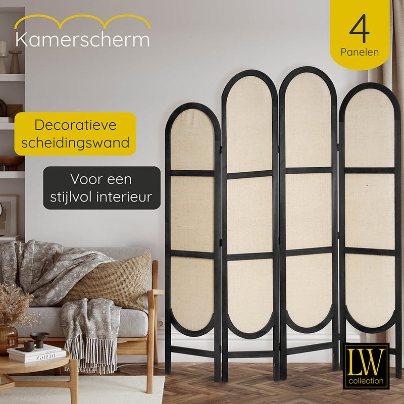 LW Collection Kamerscherm 4 panelen zwart 170X160CM - paravent rond - scheidingswand