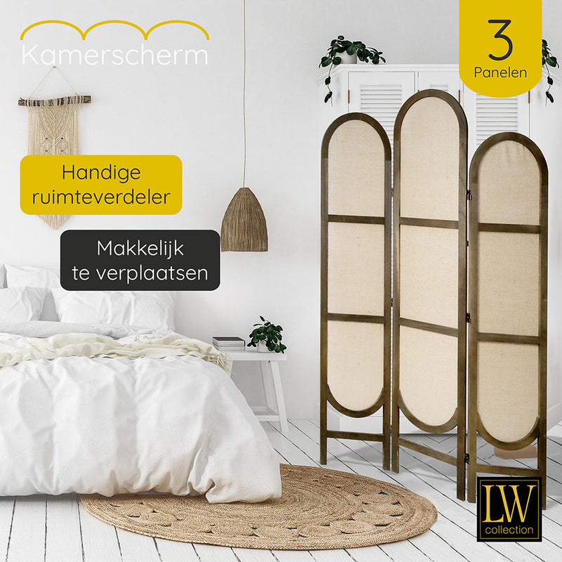 LW Collection Kamerscherm 3 panelen bruin 170X120CM - paravent rond - scheidingswand