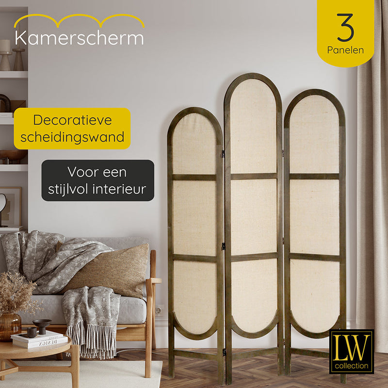 LW Collection Kamerscherm 3 panelen bruin 170X120CM - paravent rond - scheidingswand