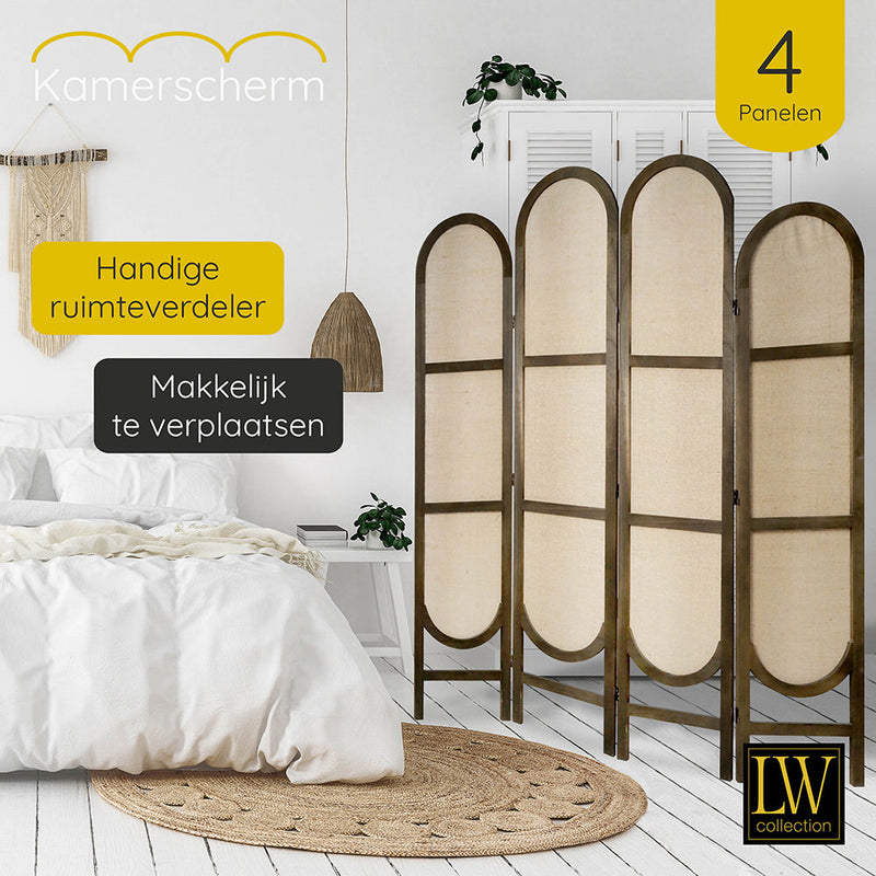 LW Collection Kamerscherm 4 panelen bruin 170X160CM - paravent rond - scheidingswand