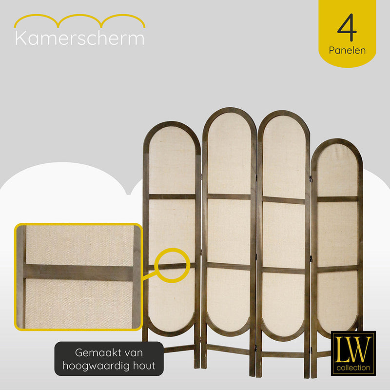 LW Collection Kamerscherm 4 panelen bruin 170X160CM - paravent rond - scheidingswand