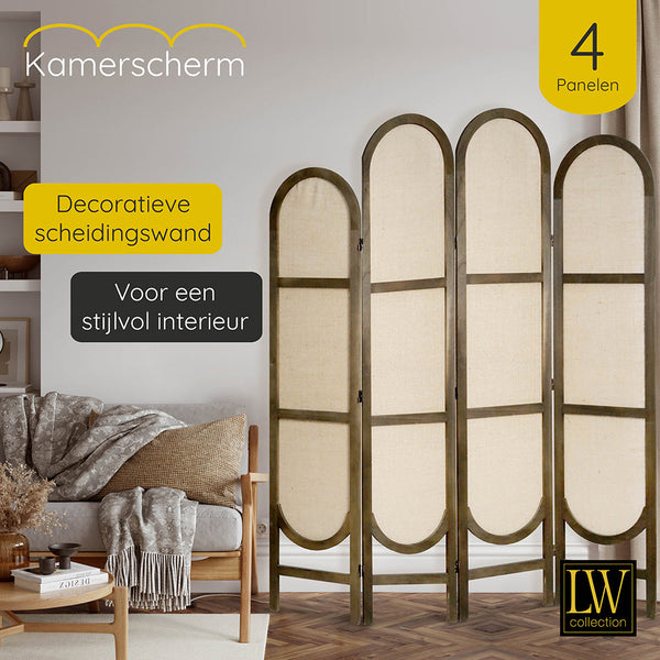 LW Collection Kamerscherm 4 panelen bruin 170X160CM - paravent rond - scheidingswand