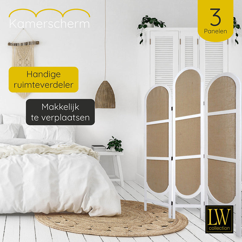 LW Collection Kamerscherm 3 panelen wit 170X120CM - paravent rond - scheidingswand