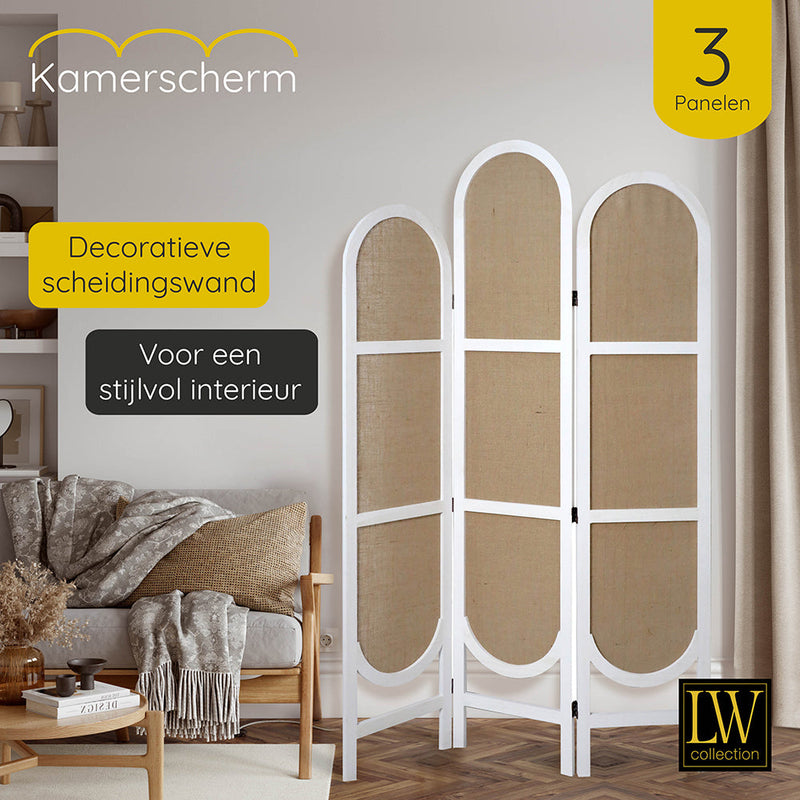 LW Collection Kamerscherm 3 panelen wit 170X120CM - paravent rond - scheidingswand