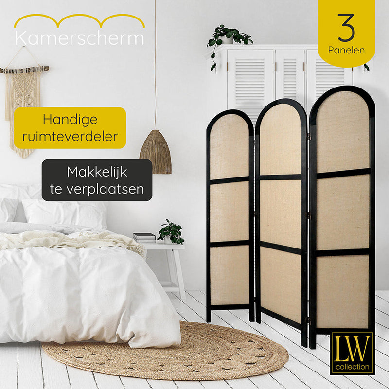 LW Collection Kamerscherm 3 panelen zwart 170X120CM - paravent rond - scheidingswand