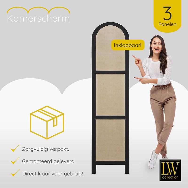 LW Collection Kamerscherm 3 panelen zwart 170X120CM - paravent rond - scheidingswand