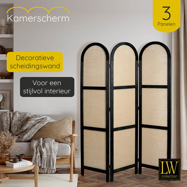 LW Collection Kamerscherm 3 panelen zwart 170X120CM - paravent rond - scheidingswand