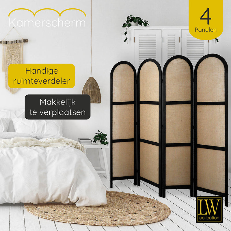 LW Collection Kamerscherm 4 panelen zwart 170X160CM - paravent rond - scheidingswand