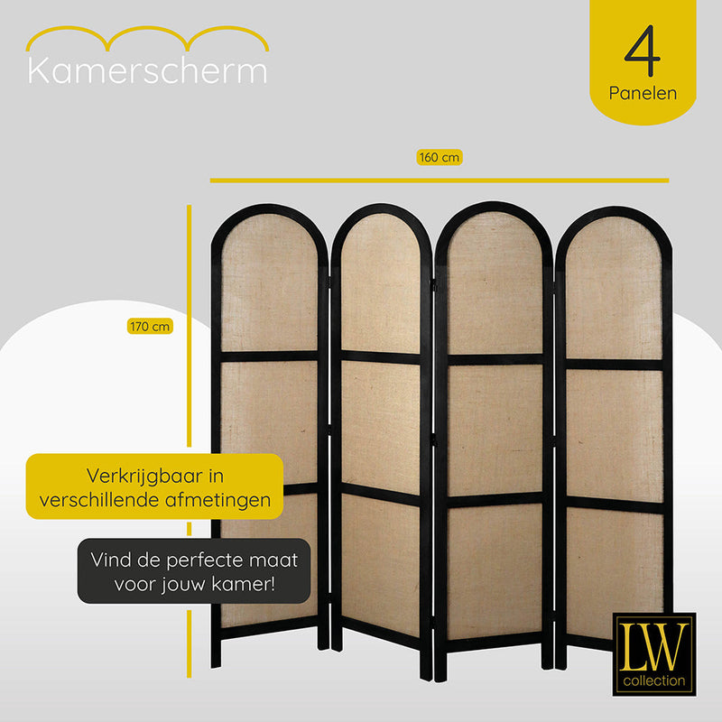 LW Collection Kamerscherm 4 panelen zwart 170X160CM - paravent rond - scheidingswand