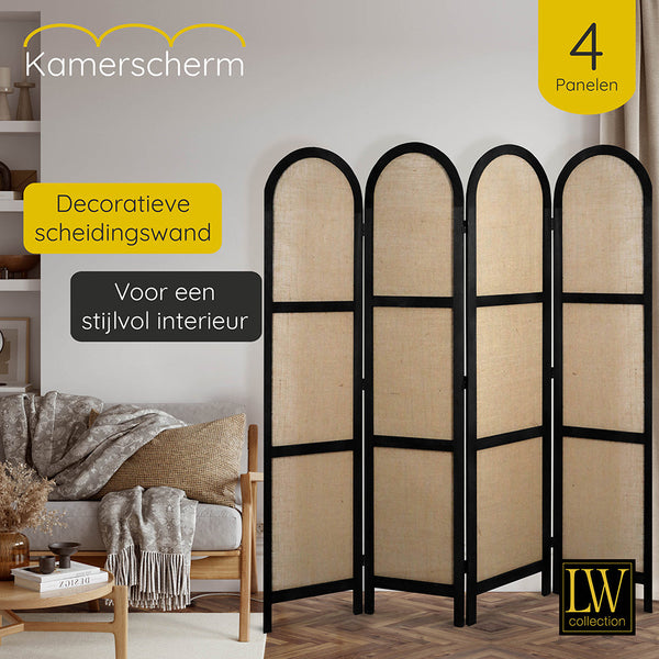 LW Collection Kamerscherm 4 panelen zwart 170X160CM - paravent rond - scheidingswand