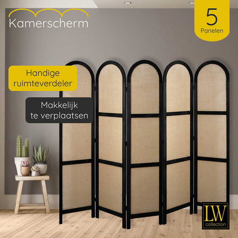 LW Collection Kamerscherm 5 panelen zwart 170X200CM - paravent rond - scheidingswand