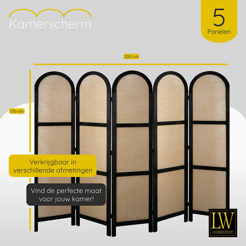 LW Collection Kamerscherm 5 panelen zwart 170X200CM - paravent rond - scheidingswand