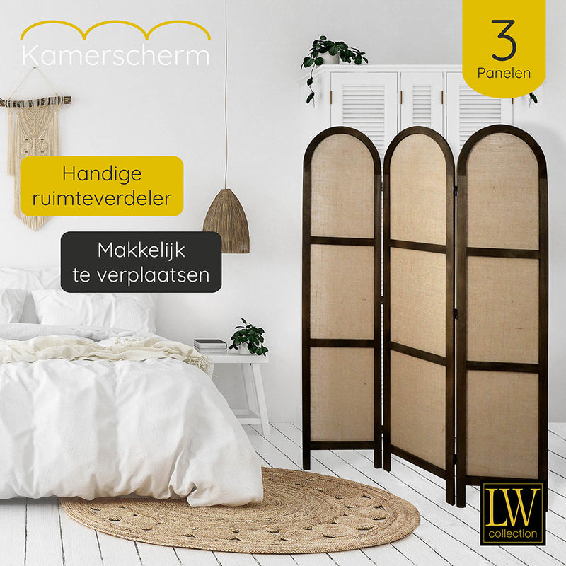 LW Collection Kamerscherm 3 panelen bruin 170X120CM - paravent rond - scheidingswand