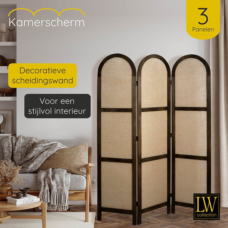 LW Collection Kamerscherm 3 panelen bruin 170X120CM - paravent rond - scheidingswand