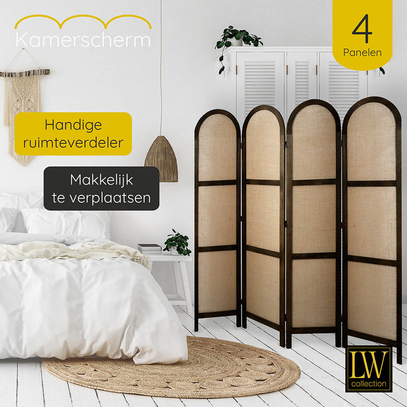 LW Collection Kamerscherm 4 panelen bruin 170X160CM - paravent rond - scheidingswand