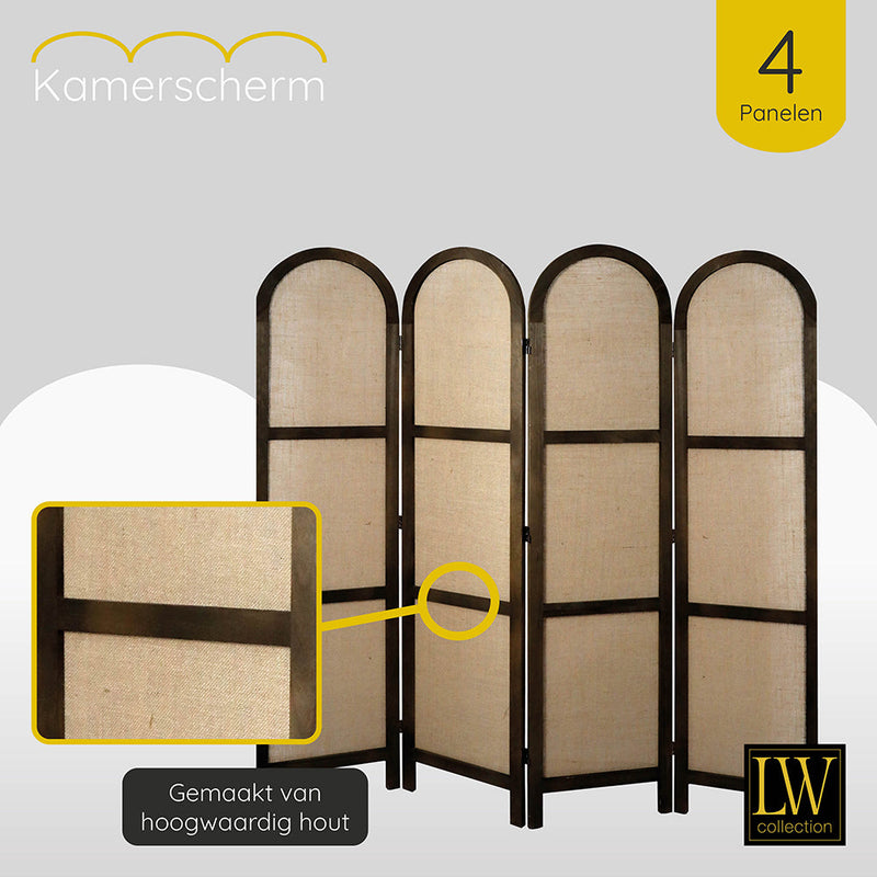 LW Collection Kamerscherm 4 panelen bruin 170X160CM - paravent rond - scheidingswand