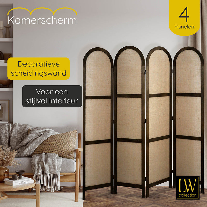 LW Collection Kamerscherm 4 panelen bruin 170X160CM - paravent rond - scheidingswand