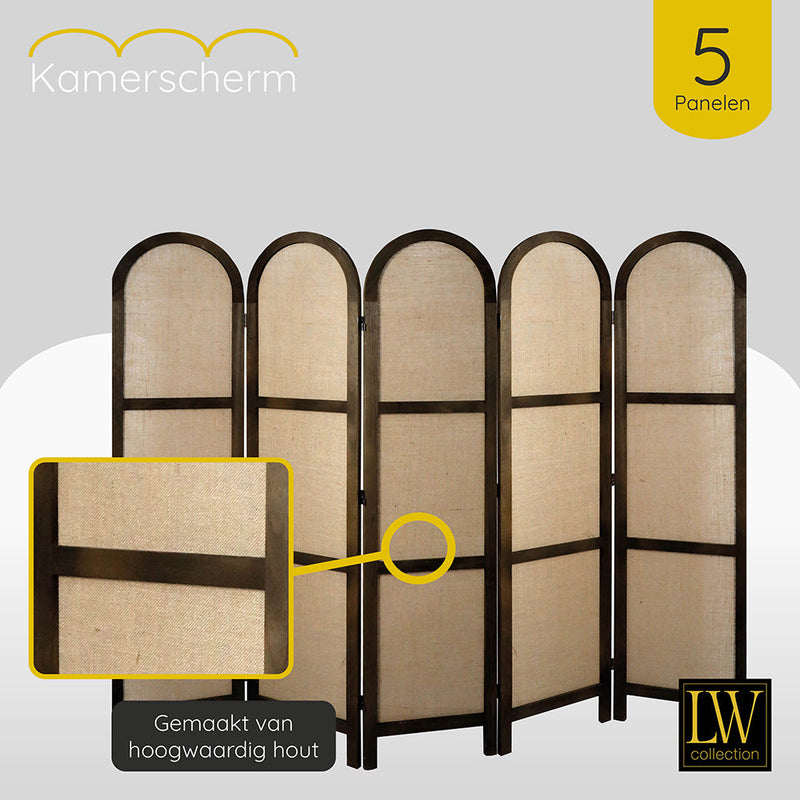 LW Collection Kamerscherm 5 panelen bruin 170X200CM - paravent rond - scheidingswand