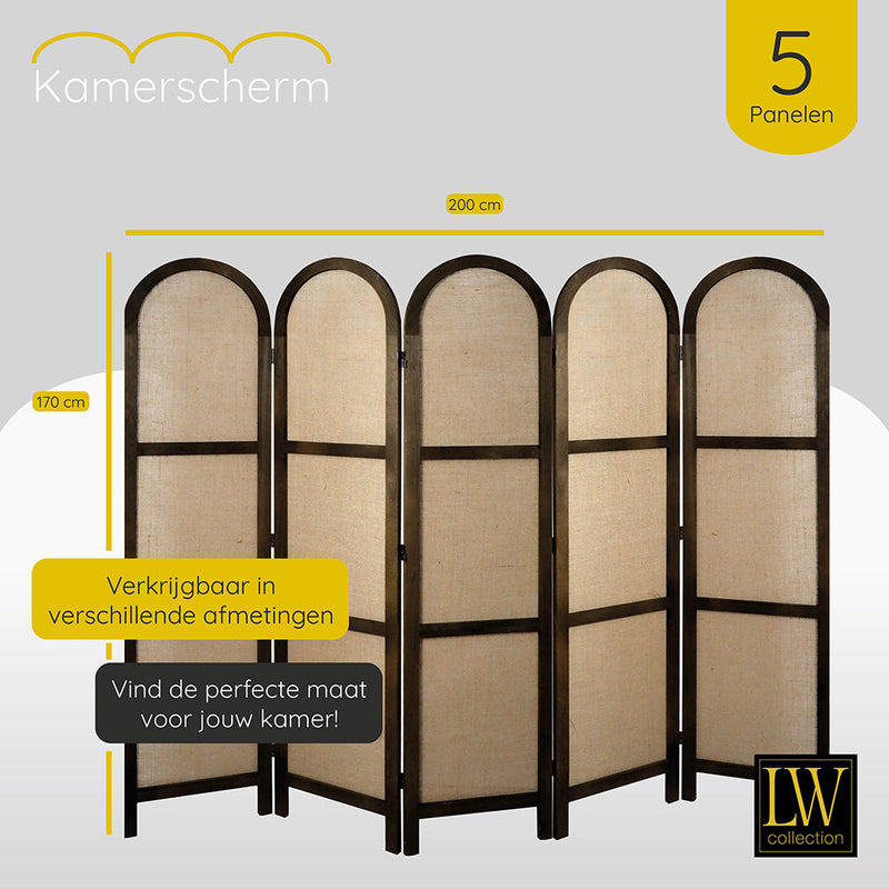 LW Collection Kamerscherm 5 panelen bruin 170X200CM - paravent rond - scheidingswand