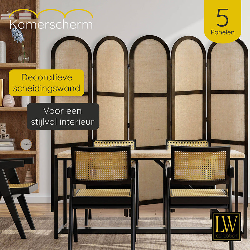 LW Collection Kamerscherm 5 panelen bruin 170X200CM - paravent rond - scheidingswand