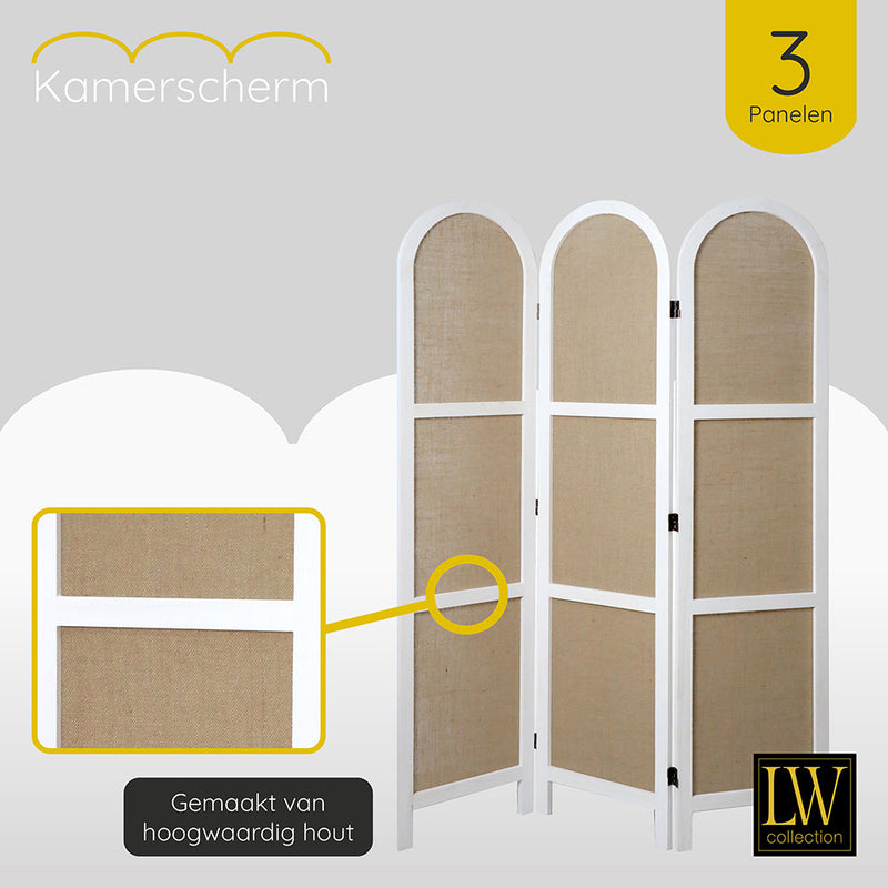 LW Collection Kamerscherm 3 panelen wit 170X120CM - paravent rond - scheidingswand