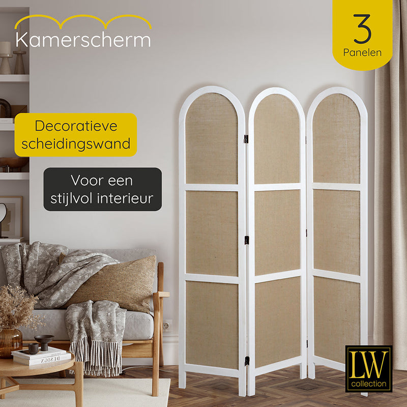 LW Collection Kamerscherm 3 panelen wit 170X120CM - paravent rond - scheidingswand