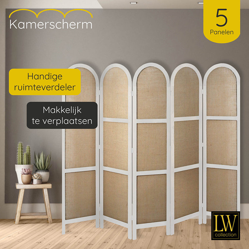 LW Collection Kamerscherm 5 panelen wit 170X200CM - paravent rond - scheidingswand