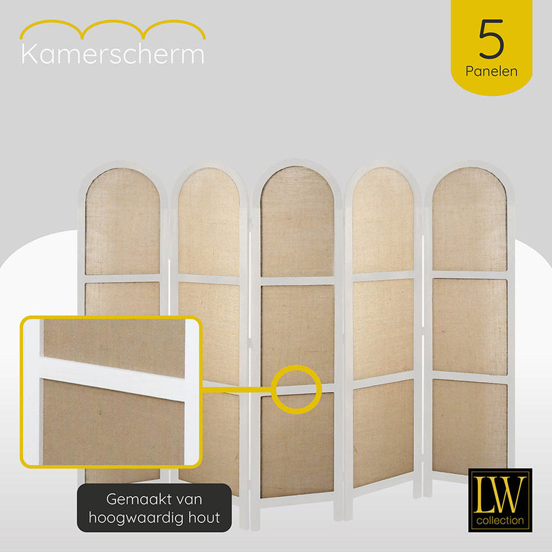 LW Collection Kamerscherm 5 panelen wit 170X200CM - paravent rond - scheidingswand