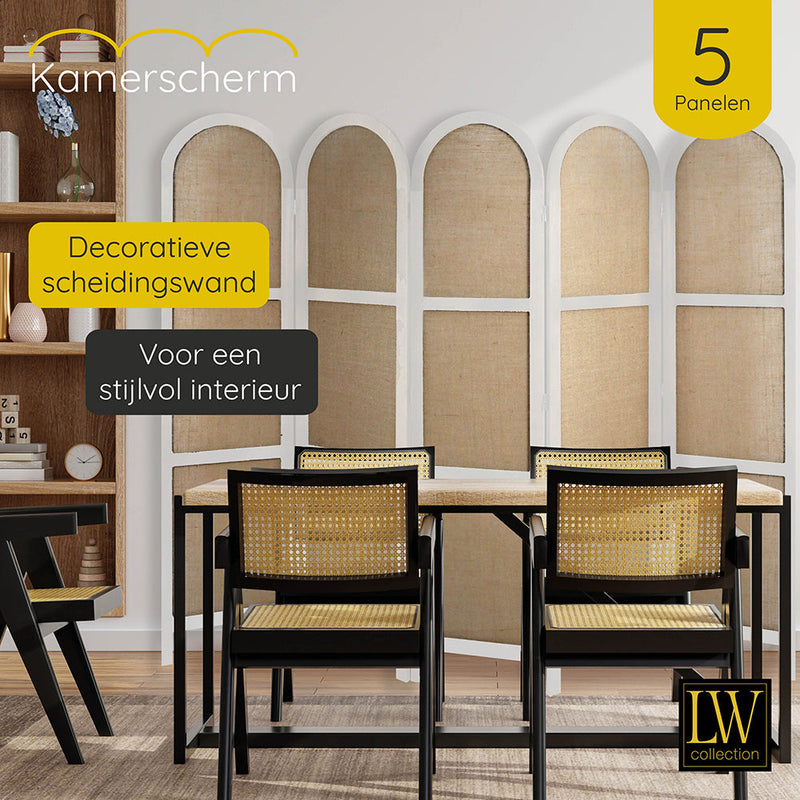 LW Collection Kamerscherm 5 panelen wit 170X200CM - paravent rond - scheidingswand